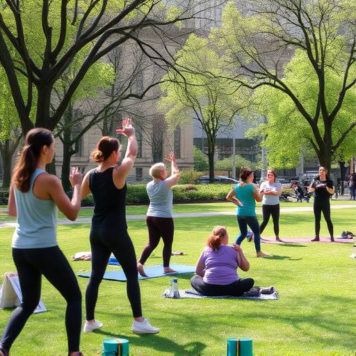 A diverse group of people exercising together in a park in New York City.