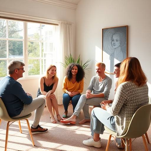 A diverse group of people participating in a supportive group therapy session in a brightly lit room