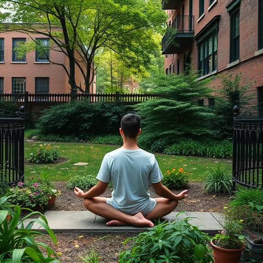 A person meditating in a peaceful urban garden in New York City.