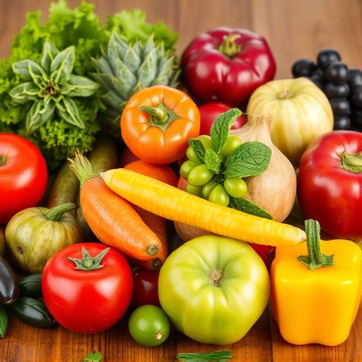 A vibrant assortment of colorful fruits and vegetables on a wooden table