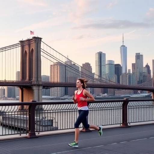A woman running on the Brooklyn Bridge with the New York City skyline in the background.