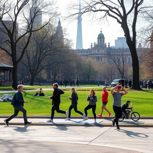 People exercising in a park in New York City.