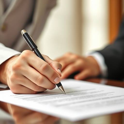 Stylized image of a legal document with a pen signing it